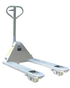Galvanised hand pallet truck with nylon steering wheels and corrosion-resistant steel forks for hygienic material handling in wet or food environments
