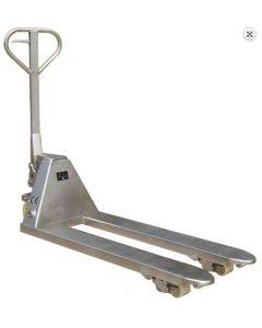 STAINLESS STEEL PALLET TRUCK FULL VIEW WITH NYLON STEER WHEELS AND TANDEM NYLON LOAD WHEELS