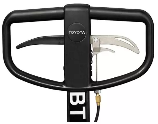 BT Pro Lifter ergonomic tiller handle with Toyota branding, integrated controls and hydraulic release trigger for effortless pallet movement BT Pro Lifter ergonomic tiller handle with Toyota branding, integrated controls and hydraulic release trigger for effortless pallet movement