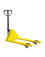 Yellow Liftruck branded pallet mover pallet truck with black handle and white nylon wheels, designed for heavy-duty lifting and easy manoeuvrability