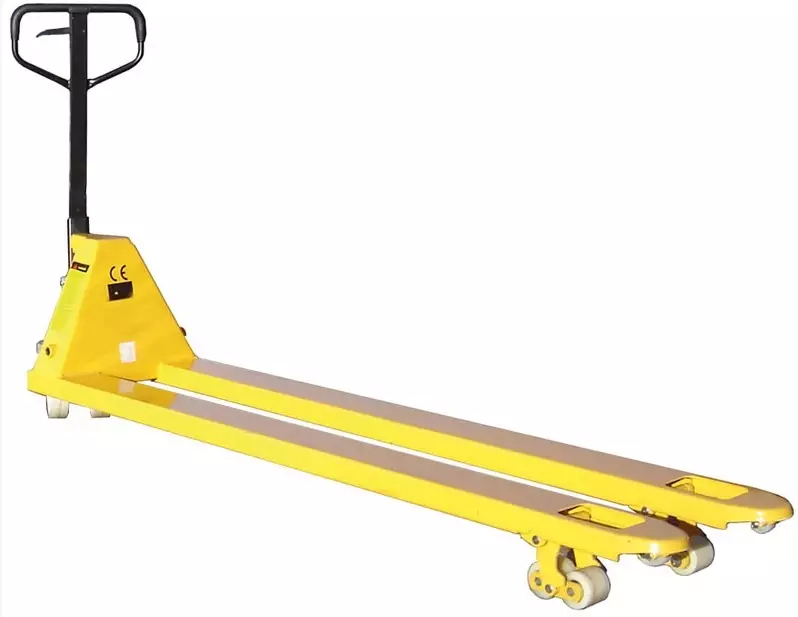 Extra-long yellow pallet truck with durable steel forks, black ergonomic handle, and heavy-duty nylon wheels for efficient handling of oversized pallets and heavy loads. Extra-long yellow pallet truck with durable steel forks, black ergonomic handle, and heavy-duty nylon wheels for efficient handling of oversized pallets and heavy loads.
