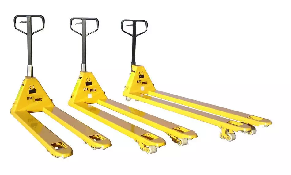 Set of three yellow pallet trucks with varying fork lengths, featuring ergonomic black handles, sturdy steel construction, and durable nylon wheels for efficient material handling. Set of three yellow pallet trucks with varying fork lengths, featuring ergonomic black handles, sturdy steel construction, and durable nylon wheels for efficient material handling.