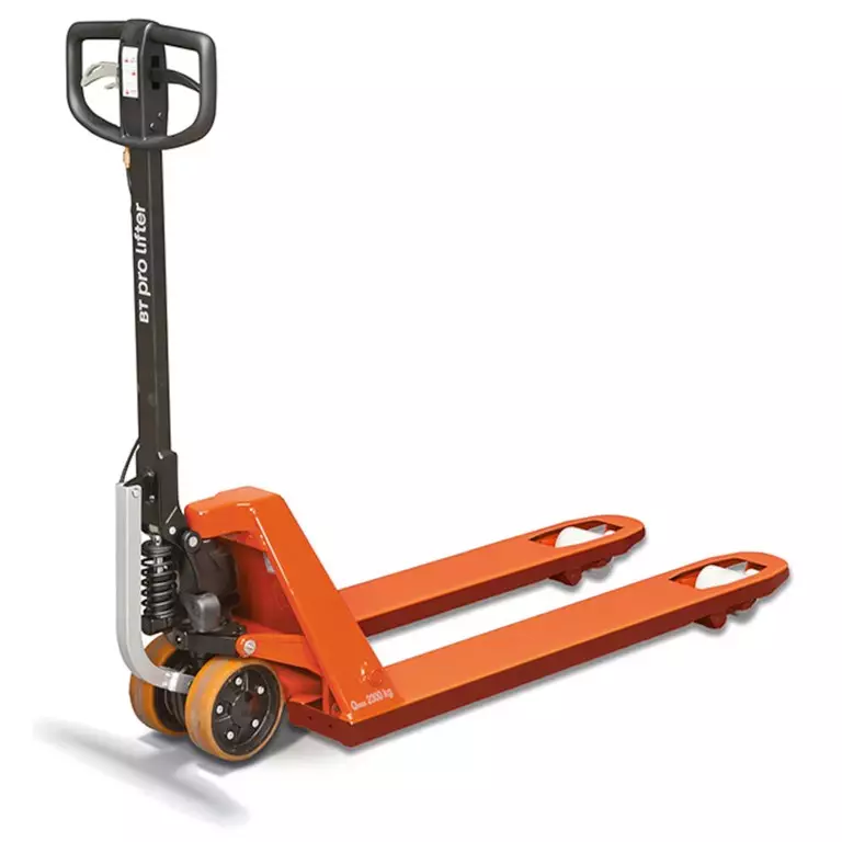 BT Pro Lifter orange pallet truck with ergonomic handle and twin nylon steering wheels designed for easy pallet movement and warehouse use BT Pro Lifter orange pallet truck with ergonomic handle and twin nylon steering wheels designed for easy pallet movement and warehouse use